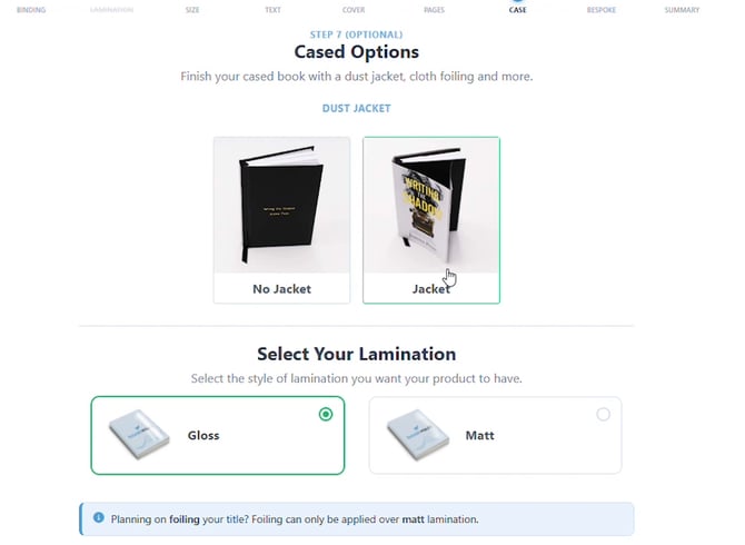 Cased Options step showing Jacket selected and a Select Your Lamination section with Gloss and Matt choices