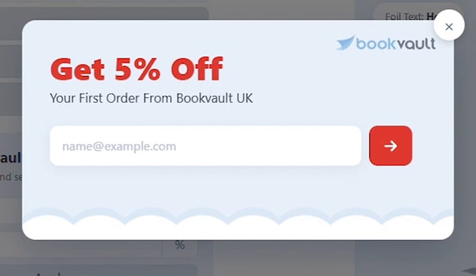 Get 5 percent off popup offering a first order discount with an email input field