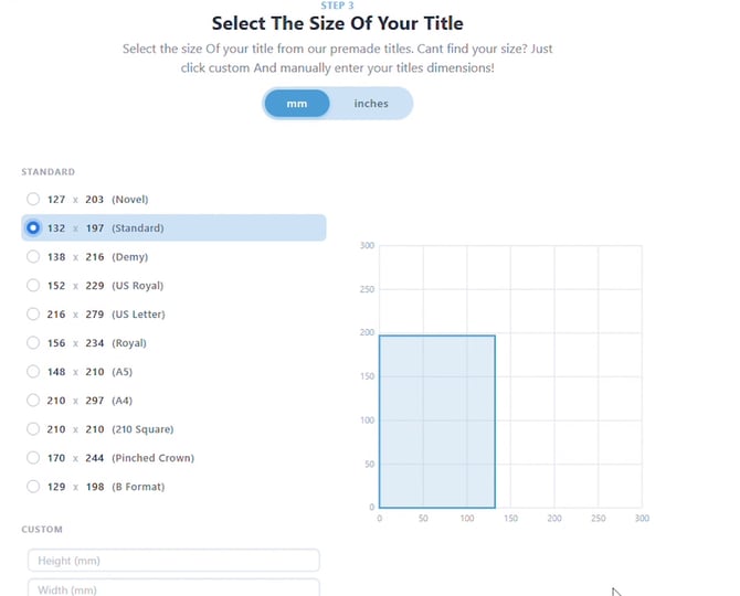 Select The Size Of Your Title step with the Standard 132 x 197 size selected and a scale diagram of the dimensions