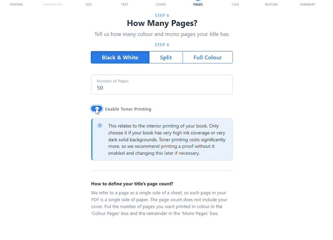 How Many Pages step with page count set to 50, Black and White selected, and Enable Toner Printing switched on