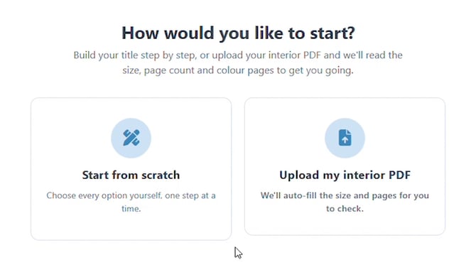 How would you like to start screen with Start from scratch and Upload my interior PDF option cards