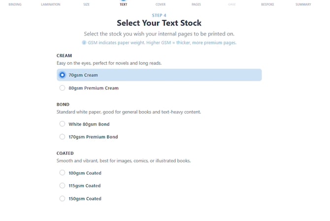 Select Your Text Stock step with 70gsm Cream selected and the book preview showing cream-coloured pages