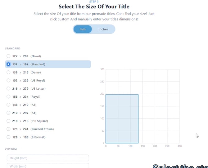Select The Size Of Your Title step with the Standard 132 x 197 size selected and a scale diagram of the dimensions