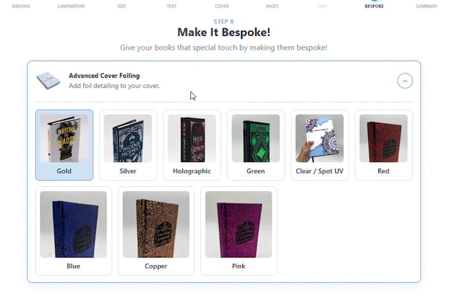 Make It Bespoke step with Advanced Cover Foiling expanded, nine foil colour swatches shown, and Gold selected