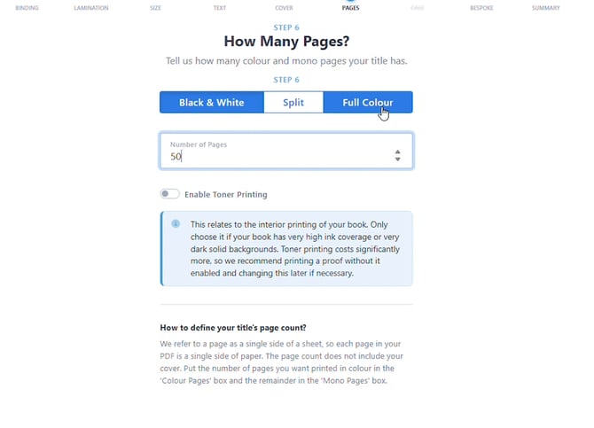 How Many Pages step with page count set to 50, Full Colour selected, and the Enable Toner Printing toggle visible