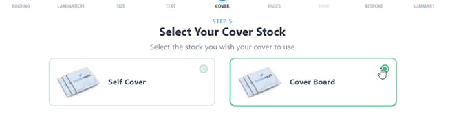 Select Your Cover Stock step with Self Cover and Cover Board options, Cover Board selected