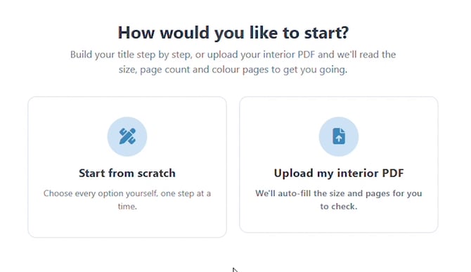 How would you like to start screen with Start from scratch and Upload my interior PDF option cards