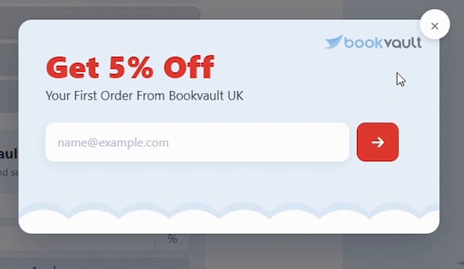 Get 5 percent off popup offering a first order discount with an email input field