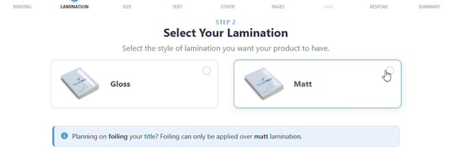 Select Your Lamination step with Matt selected and a note about foiling requiring matt lamination