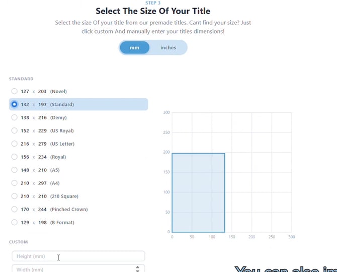 Select The Size Of Your Title step with the Standard 132 x 197 size selected and a scale diagram of the dimensions