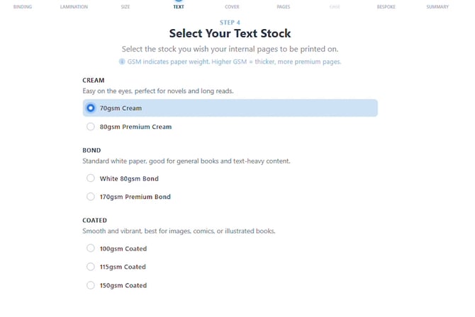 Select Your Text Stock step with 70gsm Cream selected and the book preview showing cream-coloured pages