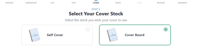 Select Your Cover Stock step with Self Cover and Cover Board options, Cover Board selected