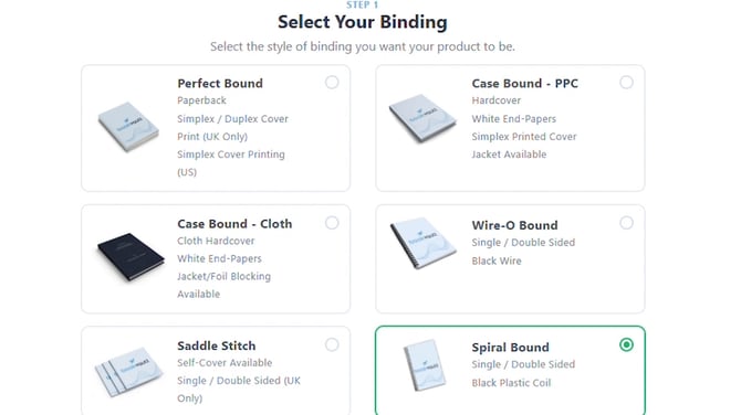 Select Your Binding step showing six binding type cards with Spiral Bound selected and highlighted green
