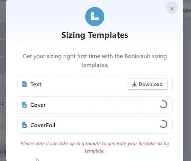 Sizing Templates popup with Text, Cover, and CoverFoil download rows and a note about bespoke templates taking up to a minute