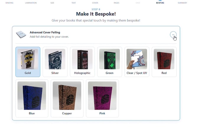 Make It Bespoke step with Advanced Cover Foiling expanded, nine foil colour swatches shown, and Gold selected