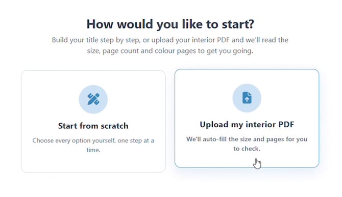 How would you like to start screen with Start from scratch and Upload my interior PDF option cards