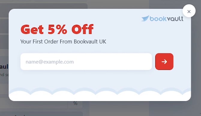 Get 5 percent off popup offering a first order discount with an email input field