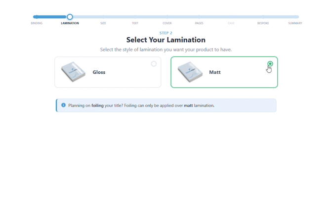 Select Your Lamination step with Matt selected and a note about foiling requiring matt lamination