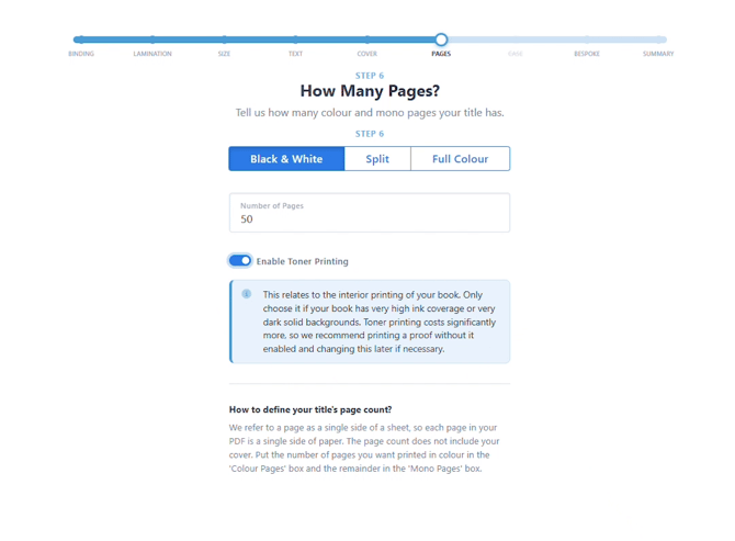 How Many Pages step with page count set to 50, Black and White selected, and Enable Toner Printing switched on
