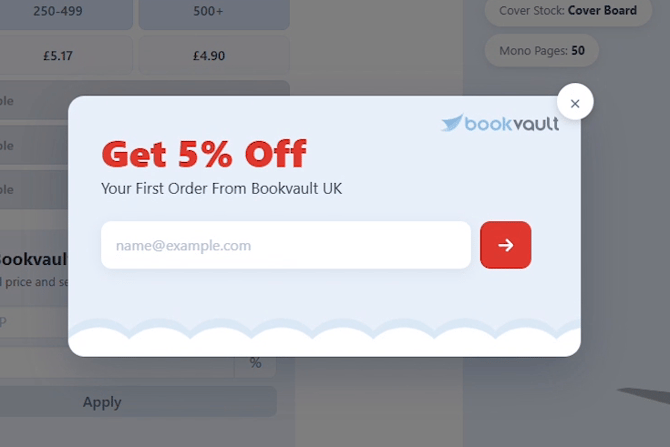 Get 5 percent off popup offering a first order discount with an email input field