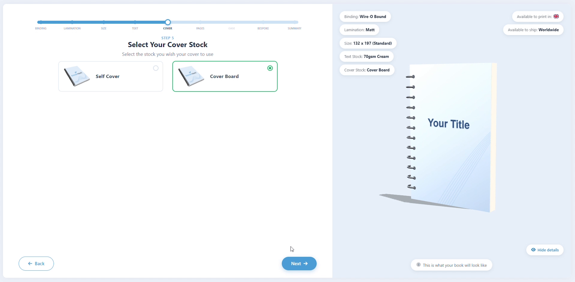 Select Your Cover Stock step with Self Cover and Cover Board options, Cover Board selected