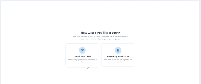 How would you like to start screen with Start from scratch and Upload my interior PDF option cards