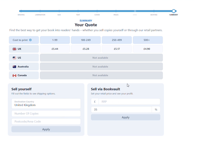 Your Quote summary page with cost-to-print table by country and quantity, plus Sell yourself and Sell via Bookvault panels