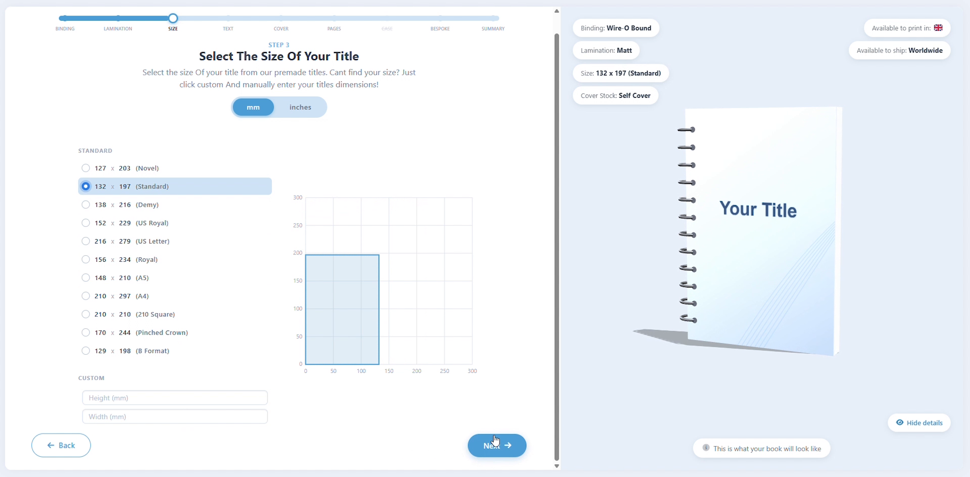Select The Size Of Your Title step with the Standard 132 x 197 size selected and a scale diagram of the dimensions