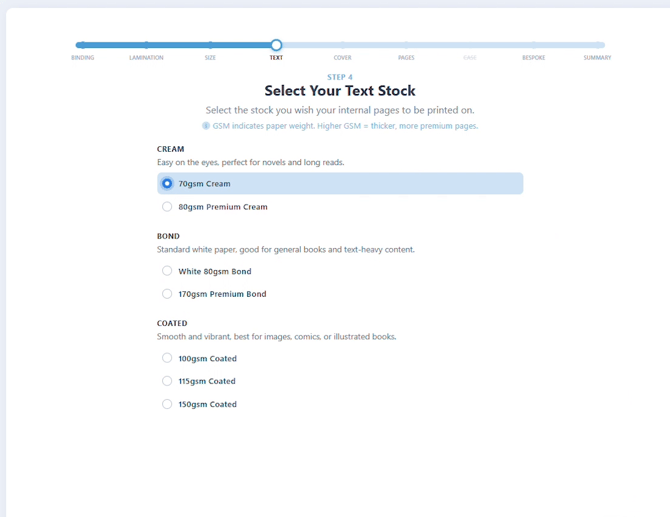 Select Your Text Stock step with 70gsm Cream selected and the book preview showing cream-coloured pages