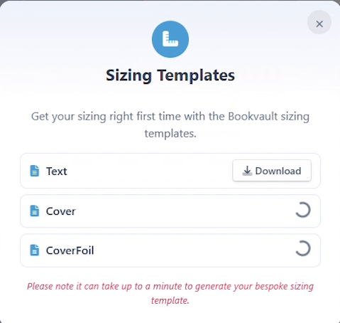 Sizing Templates popup with Text, Cover, and CoverFoil download rows and a note about bespoke templates taking up to a minute