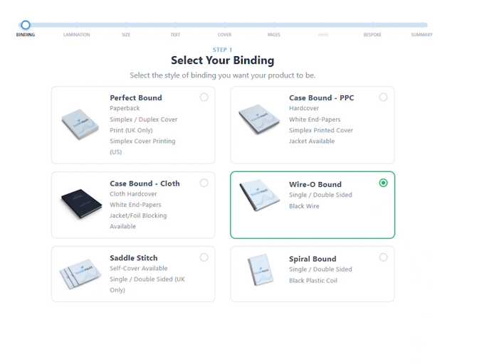 Select Your Binding step showing six binding type cards with Wire-O Bound selected and highlighted green