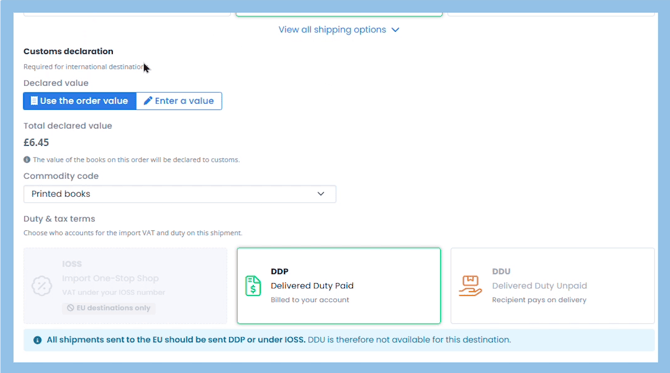 Customs declaration section with declared value, commodity code set to Printed books, and DDP selected as the duty and tax term