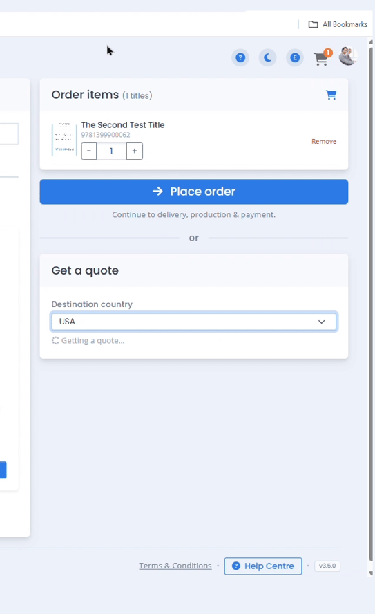Get a quote panel with the Destination country dropdown set to USA and a quote loading