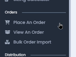 Bookvault dashboard sidebar with the Place An Order link highlighted under the Orders section