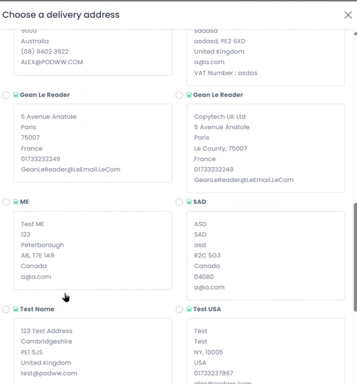 Choose a delivery address popup listing several saved delivery addresses to select from