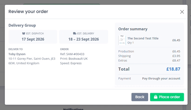 Review your order modal showing delivery group dates, order summary cost breakdown, and a green Place order button