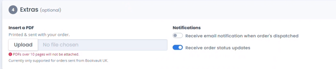 Extras section with an Insert a PDF upload field and two notification toggles for dispatch and status updates