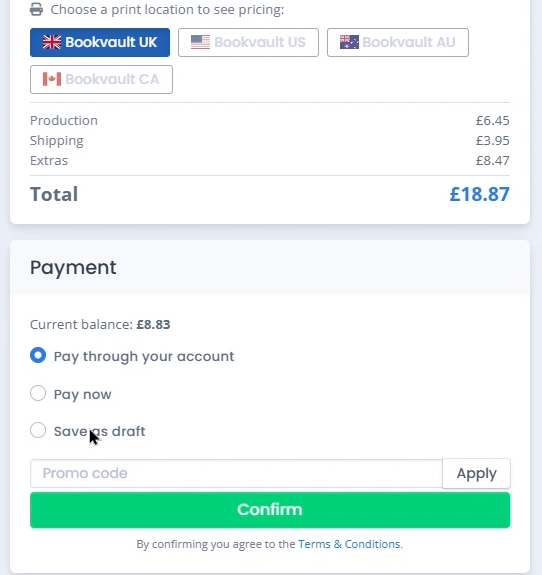 Payment panel with Pay through your account, Pay now, and Save as draft options plus a promo code field