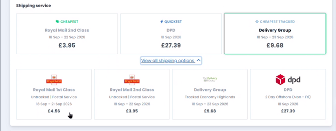 Shipping service comparison showing Cheapest, Quickest and Cheapest Tracked options plus a full list of couriers after clicking View all shipping options