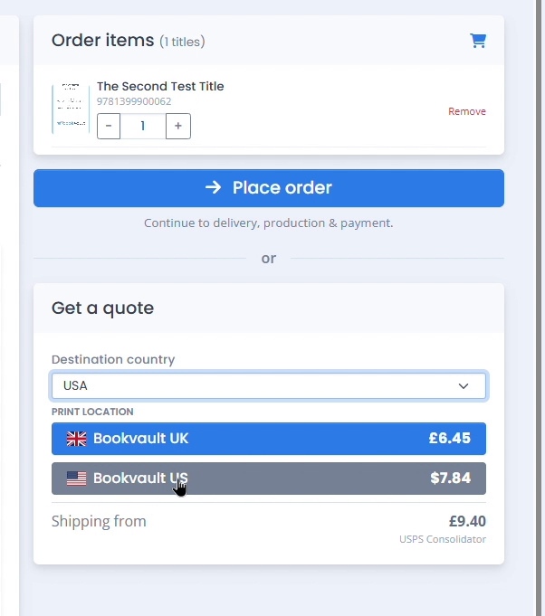 Get a quote panel comparing Bookvault UK and Bookvault US pricing with a shipping from cost