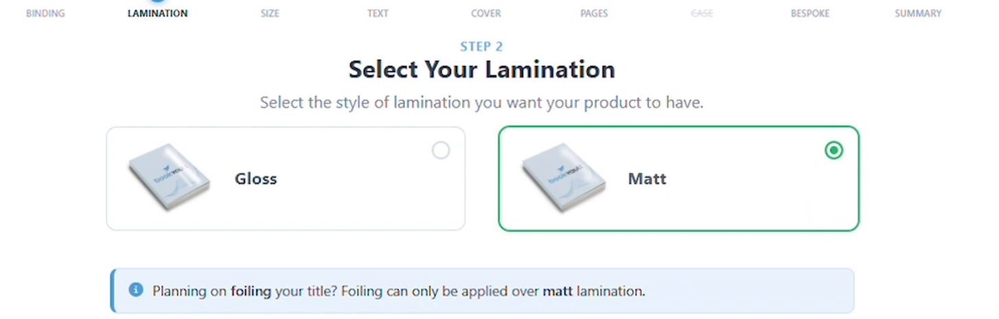 Select Your Lamination step with Matt selected and a note about foiling requiring matt lamination